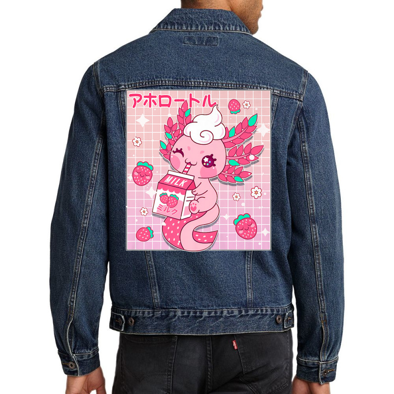 Kawaii Axolotl Strawberry Milk Shake Carton Japanese Anime Premium T S Men Denim Jacket by rostinoko | Artistshot