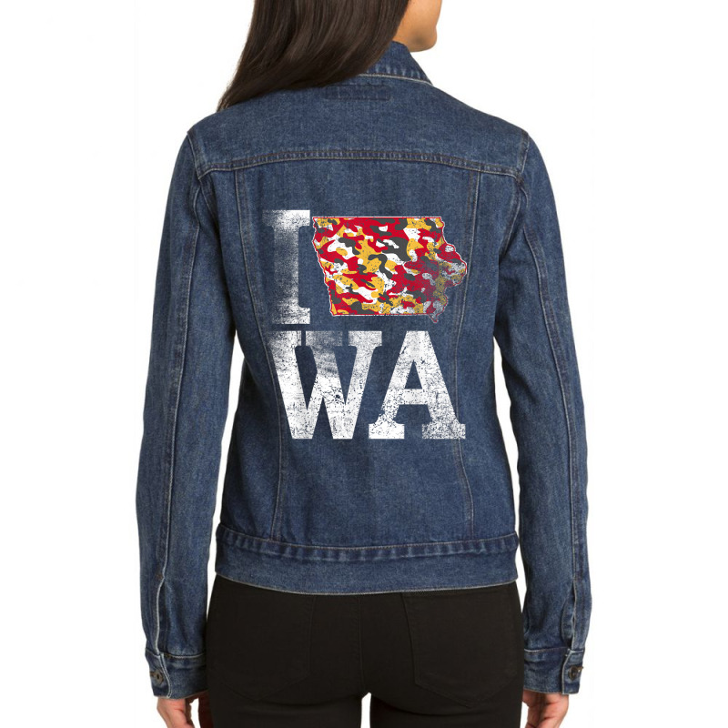 Vintage State Of Iowa Trendy Iowans Red Yellow Grunge Design Ladies Denim Jacket by Artist-Shannon | Artistshot