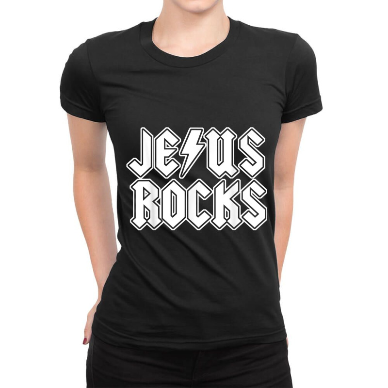 Jesus Rocks Funny Christian Rocker Funny Gift Ladies Fitted T-Shirt by Aria-Proctor | Artistshot