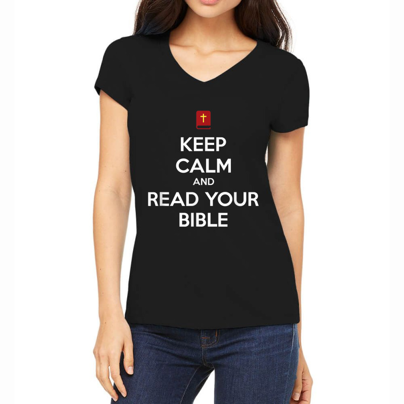 Keep Calm Bible Christian Pun Vintage Retro Women's V-Neck T-Shirt by Aria-Proctor | Artistshot