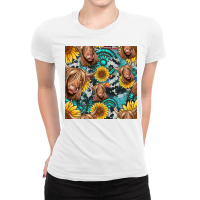 Highland Cow Sunflowers Turquoise Seamless Pattern Ladies Fitted T-shirt | Artistshot