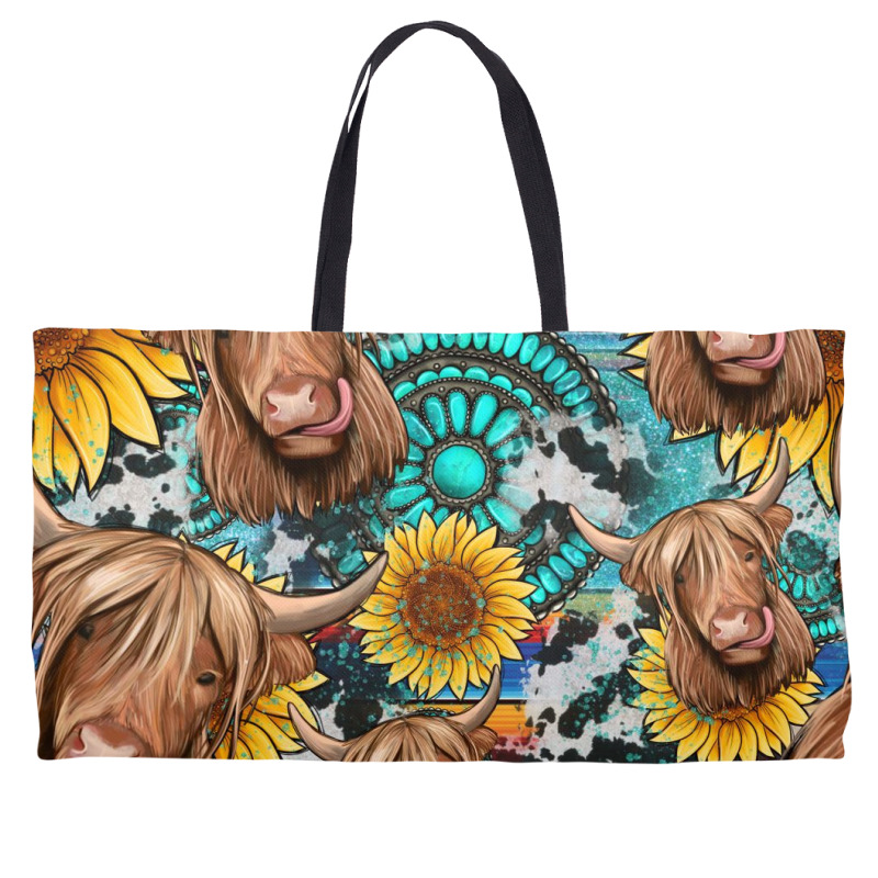 Highland Cow Sunflowers Turquoise Seamless Pattern Weekender Totes | Artistshot