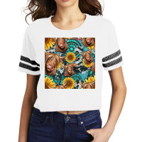 Highland Cow Sunflowers Turquoise Seamless Pattern Scorecard Crop Tee | Artistshot