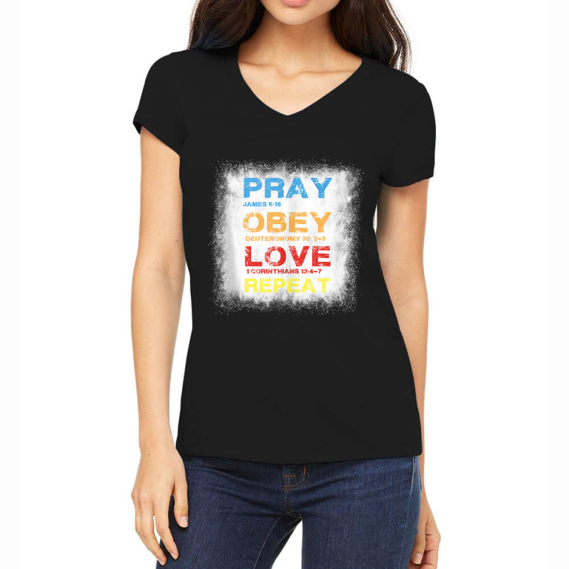 Pray Obey Love Repeat - Bible Verse - Christian Bible Quote Funny Gift Women's V-Neck T-Shirt by Aria-Proctor | Artistshot