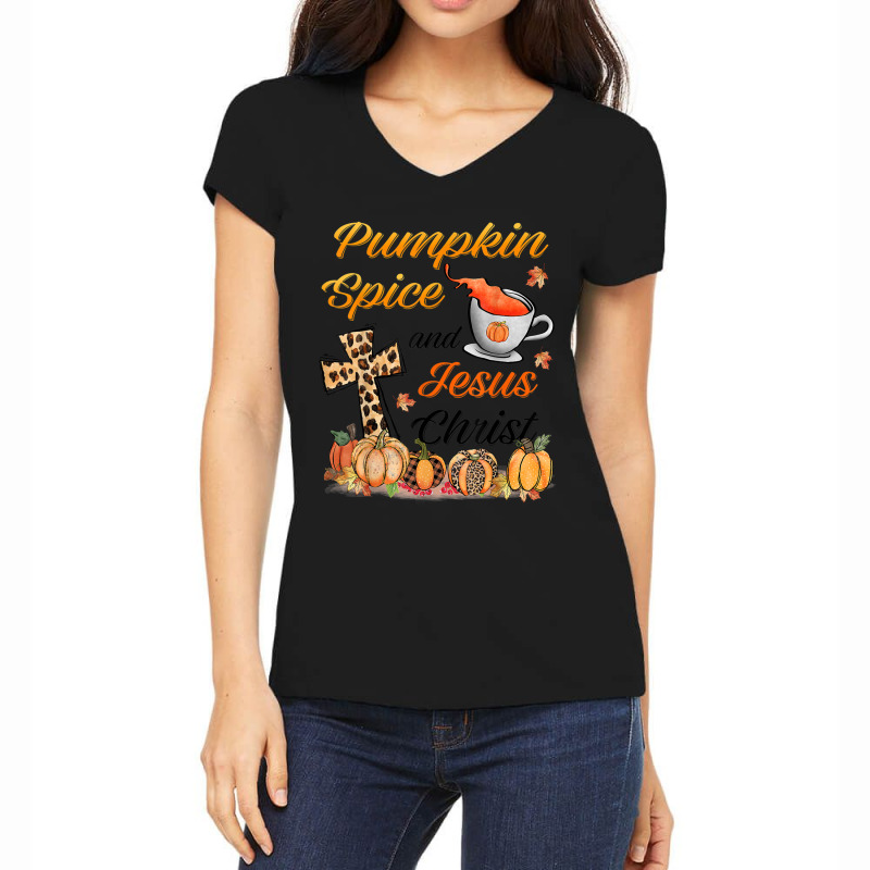 Pumpkin Spice And Jesus Christ Leopard Cross Pumpkin Autumn Video Game Women's V-Neck T-Shirt by Aria-Proctor | Artistshot