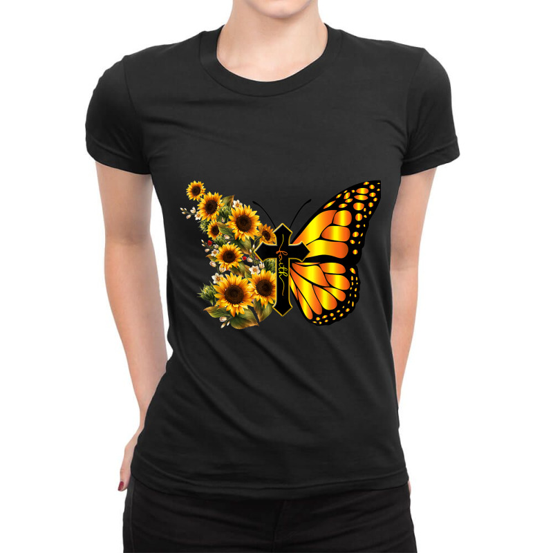 Vintage Women Men Faith Cross Sunflower Butterfly Christian Cartoon Ch Ladies Fitted T-Shirt by Aria-Proctor | Artistshot