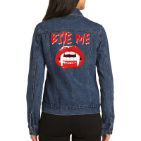 Bite Me Funny Halloween Vampire Bite Me Tank Top Ladies Denim Jacket | Artistshot