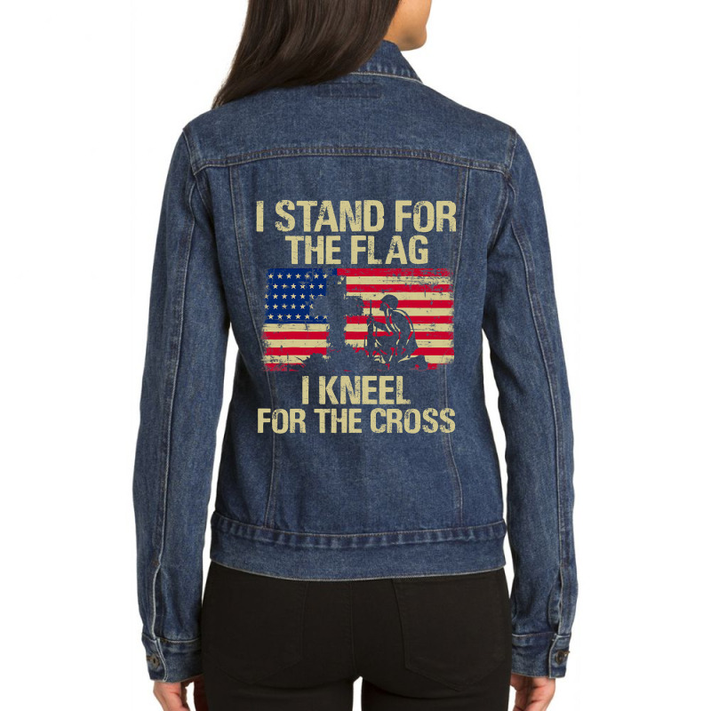 I Stand For The Flag I Kneel For The Cross Veteran Day Gift 19 Ladies Denim Jacket by pester | Artistshot