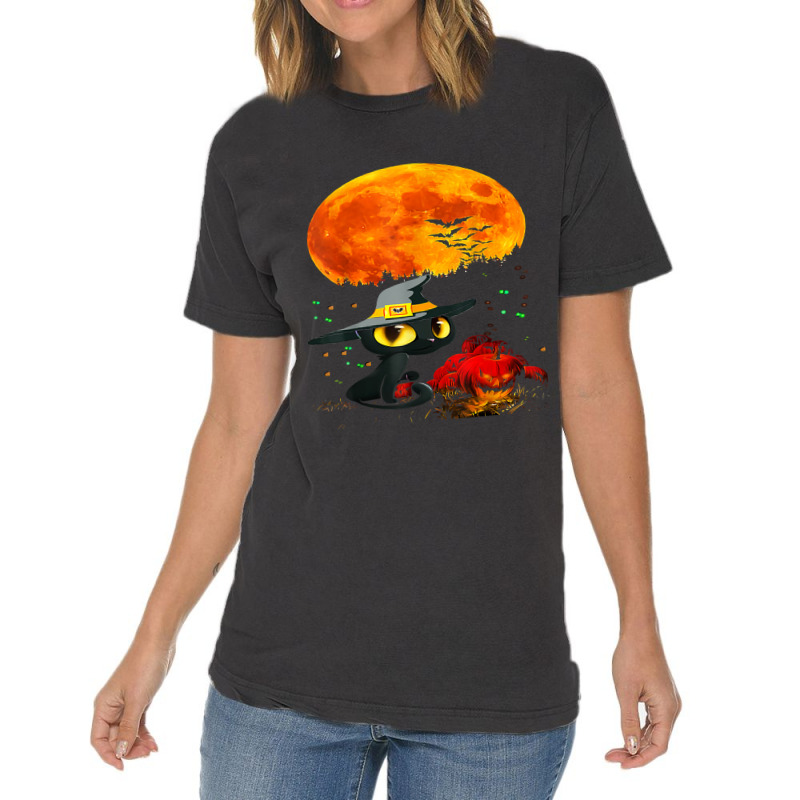 Black Cat Halloween Scary Pumpkins Full Moon Black Cat Lover 51 Vintage T-Shirt by MichaelAkins | Artistshot