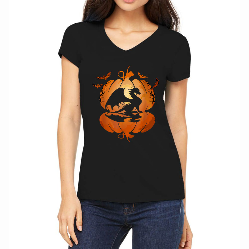 Dragon Silhouette Pumpkin Halloween Costume Men Women Kids 91 Women's V-Neck T-Shirt by JarvidBurphy | Artistshot