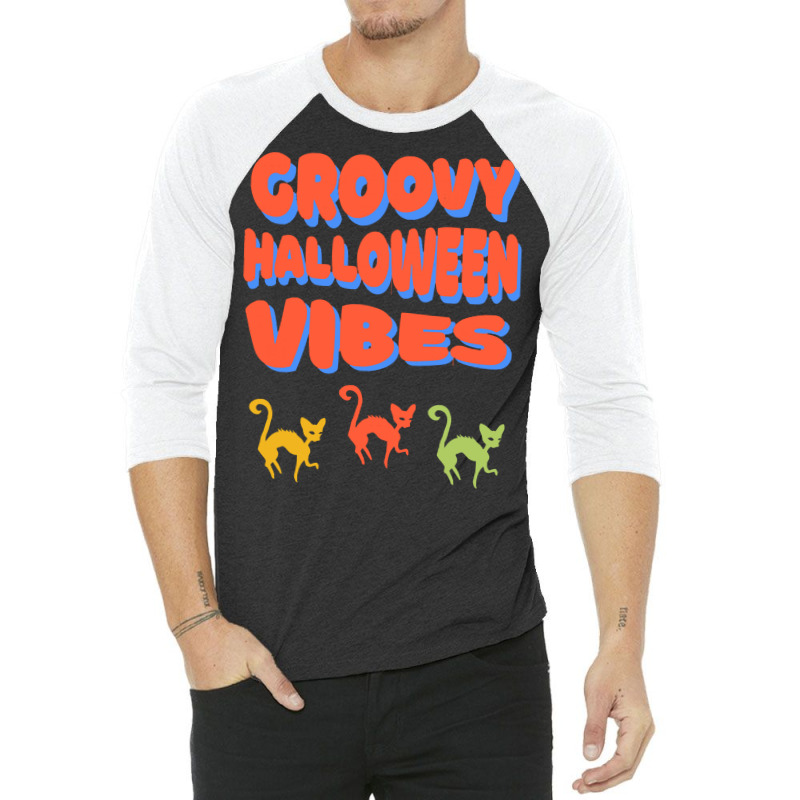 Groovy Halloween Vibes T  Shirt Groovy Halloween Vibes Cats Retro Colo 3/4 Sleeve Shirt by orangesagreement | Artistshot