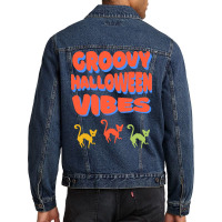 Groovy Halloween Vibes T  Shirt Groovy Halloween Vibes Cats Retro Colo Men Denim Jacket | Artistshot