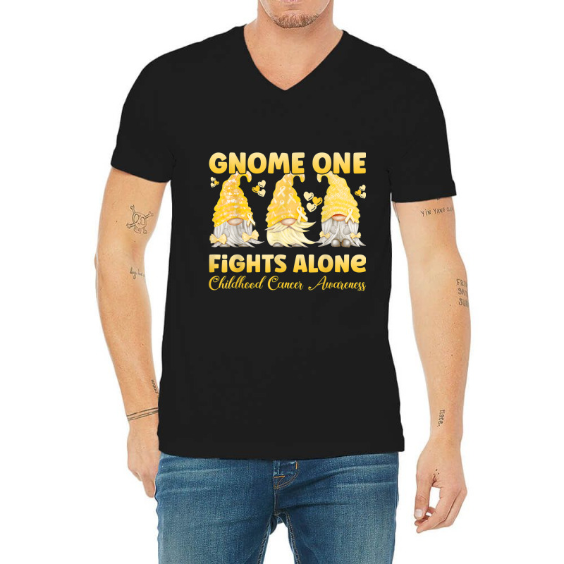 Gnome One Fights Alone Gold Childhood Cancer Awareness V-Neck Tee by NathanielDesign | Artistshot