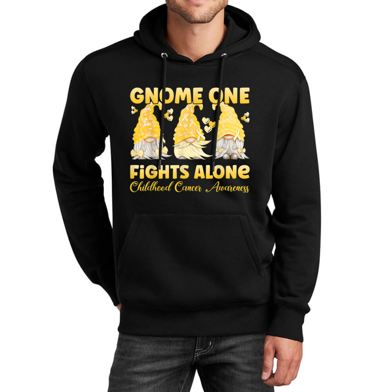 Gnome One Fights Alone Gold Childhood Cancer Awareness Unisex Hoodie by NathanielDesign | Artistshot