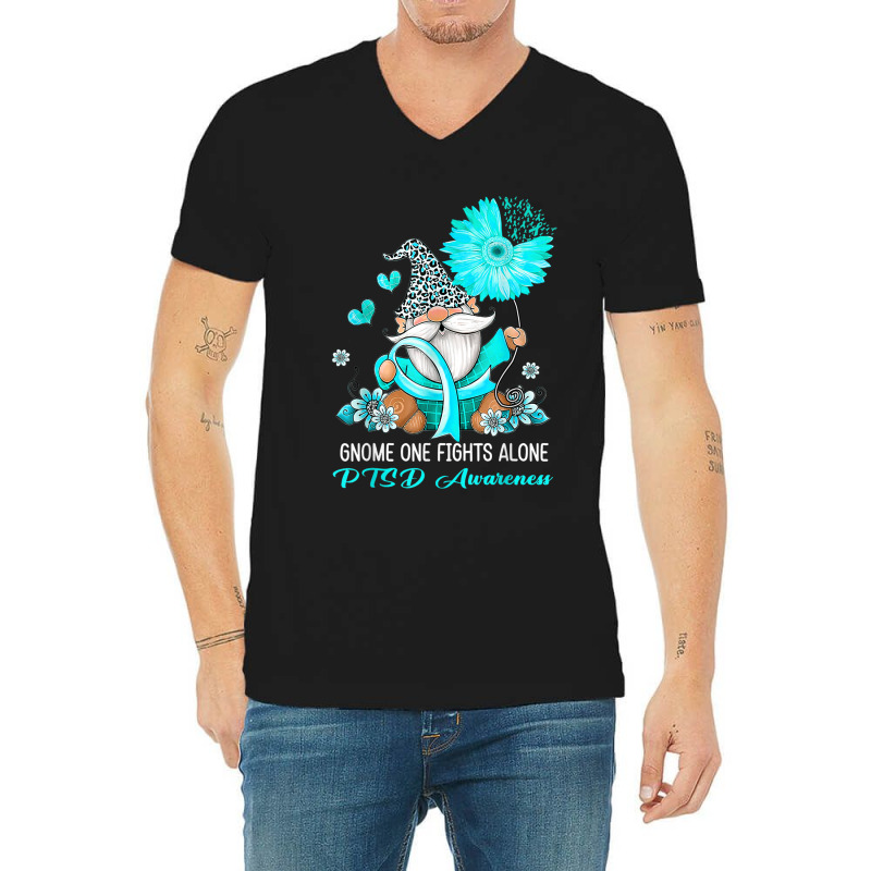 Gnome One Fights Alone Ribbon Ptsd Awareness V-Neck Tee by NathanielDesign | Artistshot