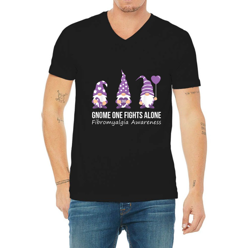 Gnome One Fights Alone  Fibromyalgia Awareness Warrior V-Neck Tee by NathanielDesign | Artistshot