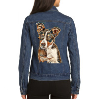 Australian Shepherd Dog Against Green Background Ladies Denim Jacket | Artistshot