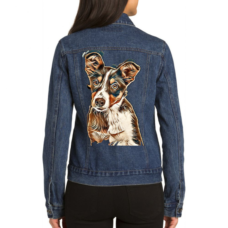 Australian Shepherd Dog Against Green Background Ladies Denim Jacket by Kemnabi | Artistshot