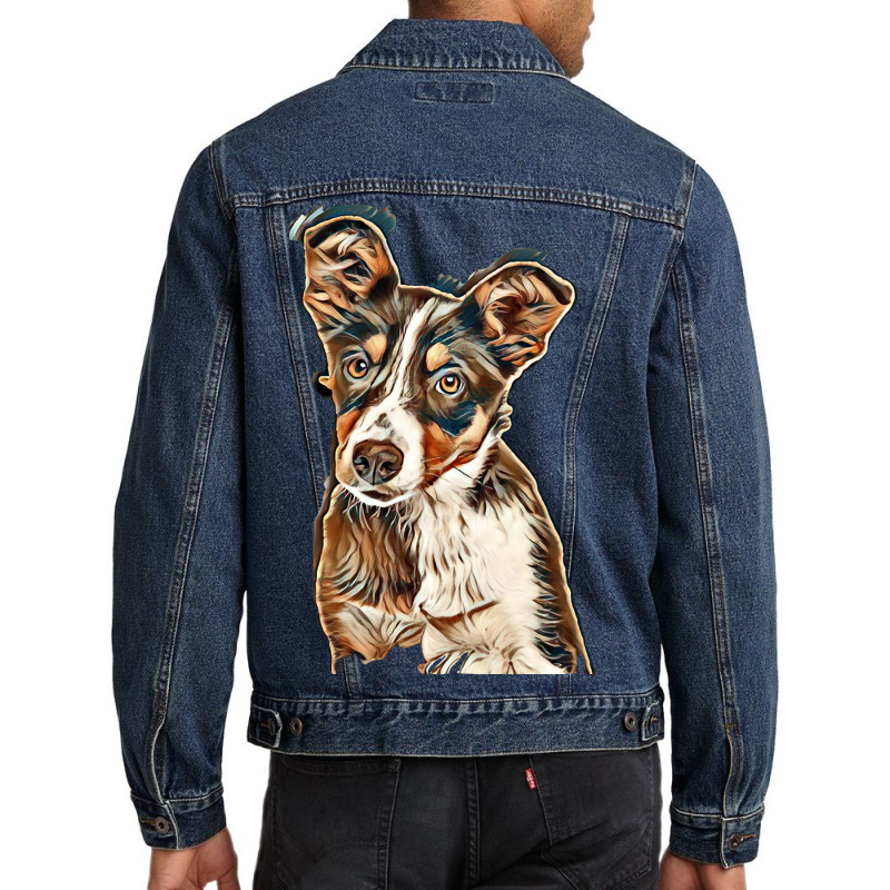 Australian Shepherd Dog Against Green Background Men Denim Jacket by Kemnabi | Artistshot