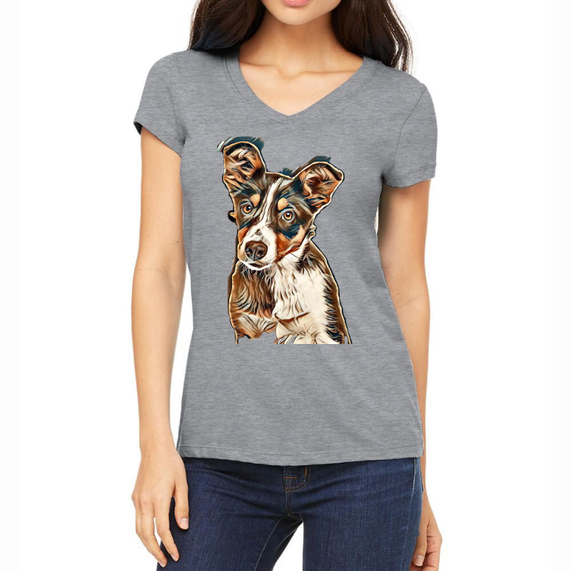 Australian Shepherd Dog Against Green Background Women's V-Neck T-Shirt by Kemnabi | Artistshot