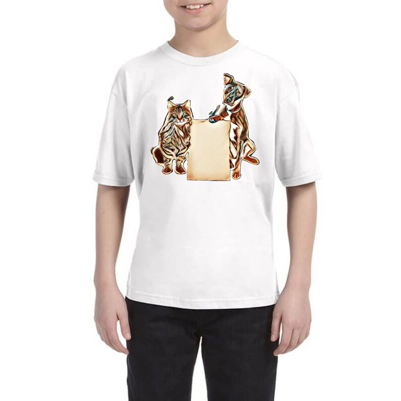 Cat And Dog Together Holding Blank Cardboard Sign To Enter Your Messag Youth Tee by Kemnabi | Artistshot