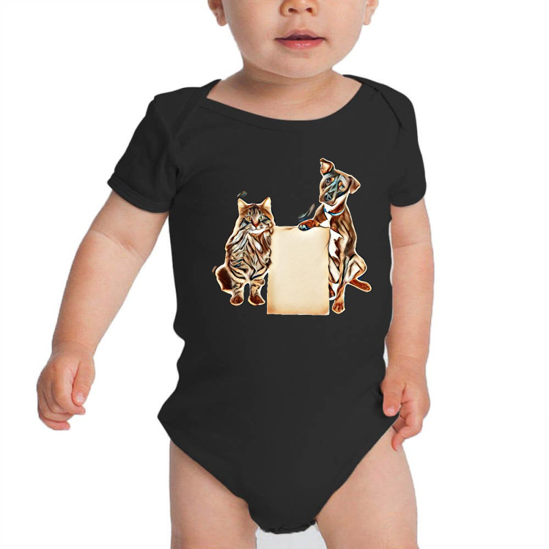 Cat And Dog Together Holding Blank Cardboard Sign To Enter Your Messag Baby Bodysuit by Kemnabi | Artistshot