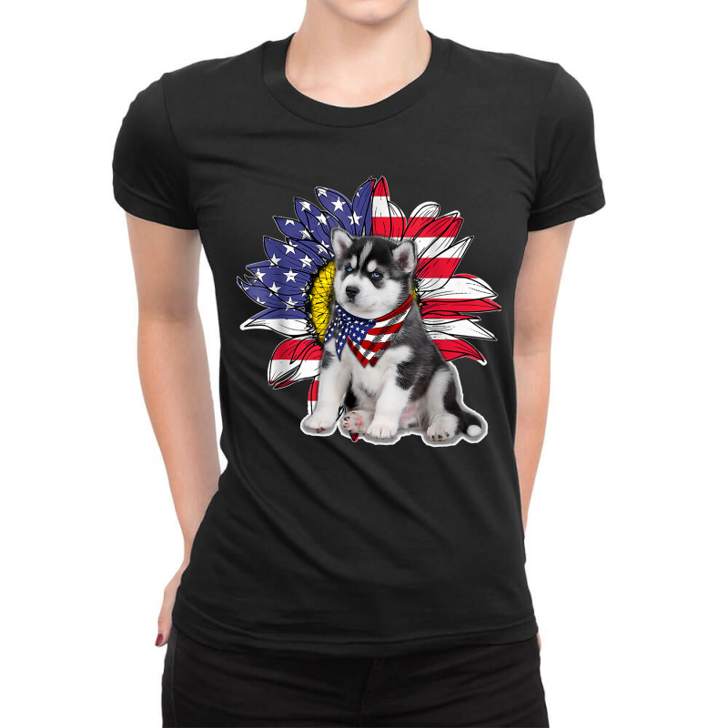 Sunflower American Flag Siberian Husky Dog Lovers Ladies Fitted T-Shirt by EaglesonBonnie | Artistshot