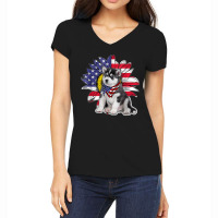 Sunflower American Flag Siberian Husky Dog Lovers Women's V-neck T-shirt | Artistshot