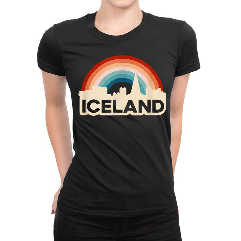 Iceland Reykjavik Rainbow Retro Skyline Tourist Souvenir T Shirt Ladies Fitted T-Shirt by fallenafsericebe | Artistshot