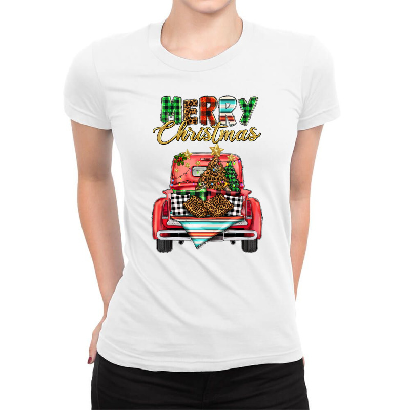 Merry Christmas Truck Ladies Fitted T-Shirt by BarkalooDesign | Artistshot