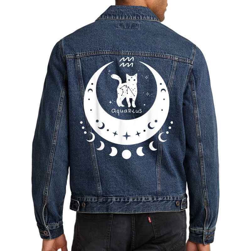 Zodiac Aquarius Horoscope Astrology Cat Crescent Moon T Shirt Men Denim Jacket | Artistshot