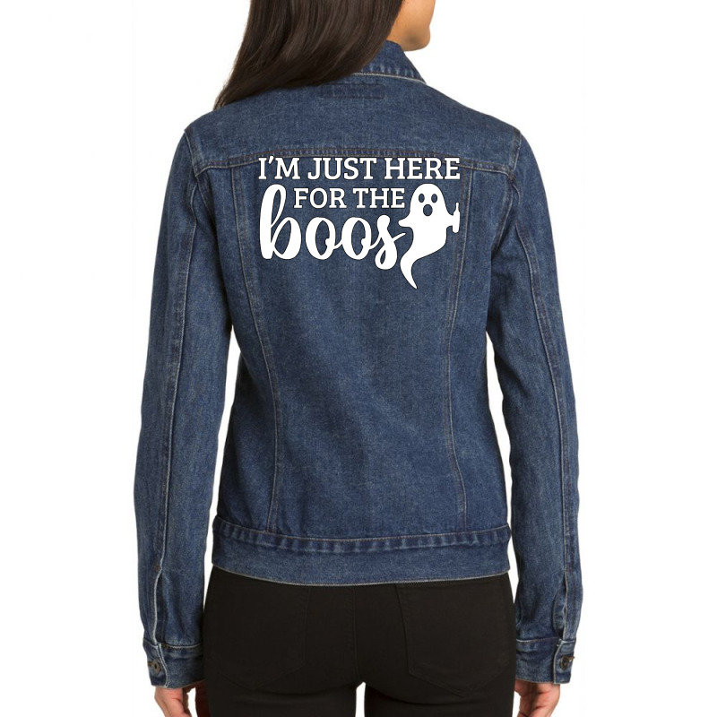 Halloween T  Shirti´m Just Here For The Boos Ghost White Stroke Text Ladies Denim Jacket by cauliflowermortgage | Artistshot