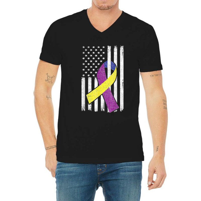 Bladder Cancer Awareness Purple Gold Ribbon American Flag V-Neck Tee by WirtzRichard | Artistshot