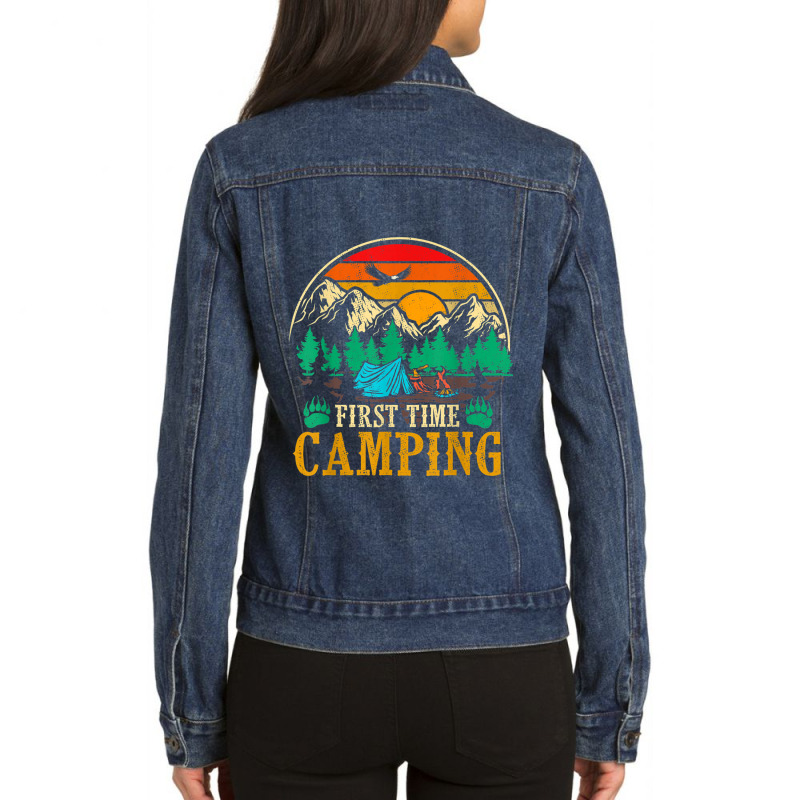 First Time Camping Funny Camper Lover Gift Ladies Denim Jacket by HailieDesign | Artistshot