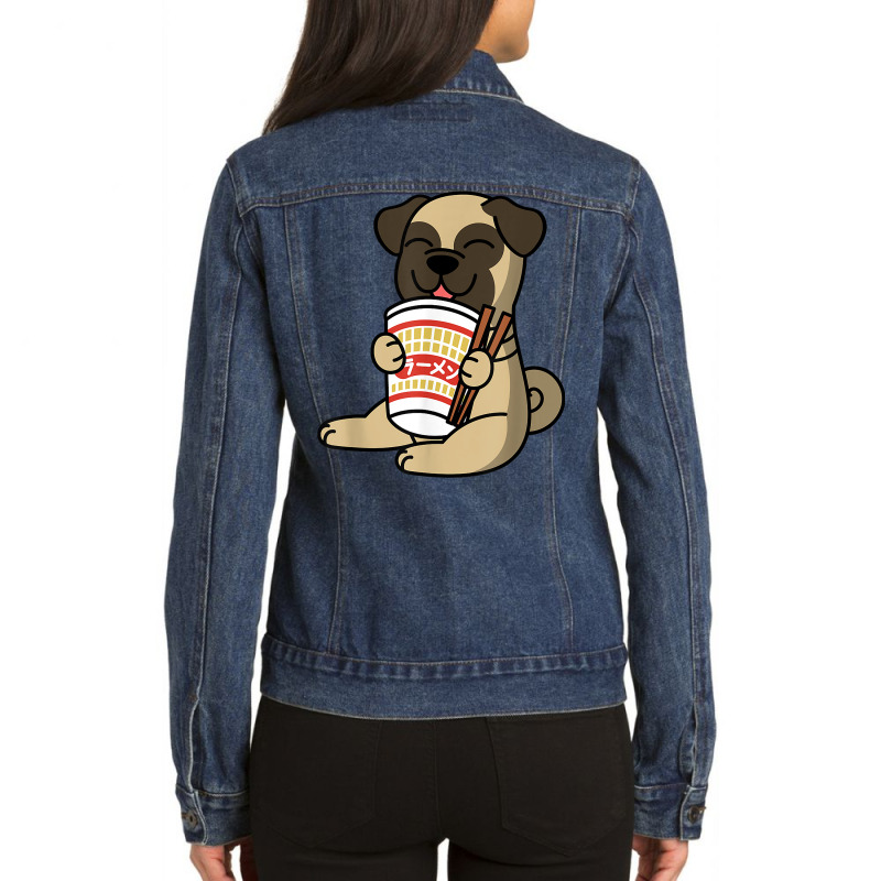 Pug Eating Instant Ramen Noodles Dog T Shirt Ladies Denim Jacket by sowleomballoucgp | Artistshot