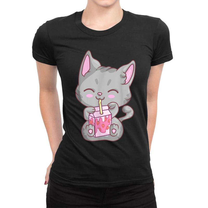 Kawaii Anime Cat For Women Girls Strawberry Milkshake Neko Ladies Fitted T-Shirt by MarquesDesign | Artistshot