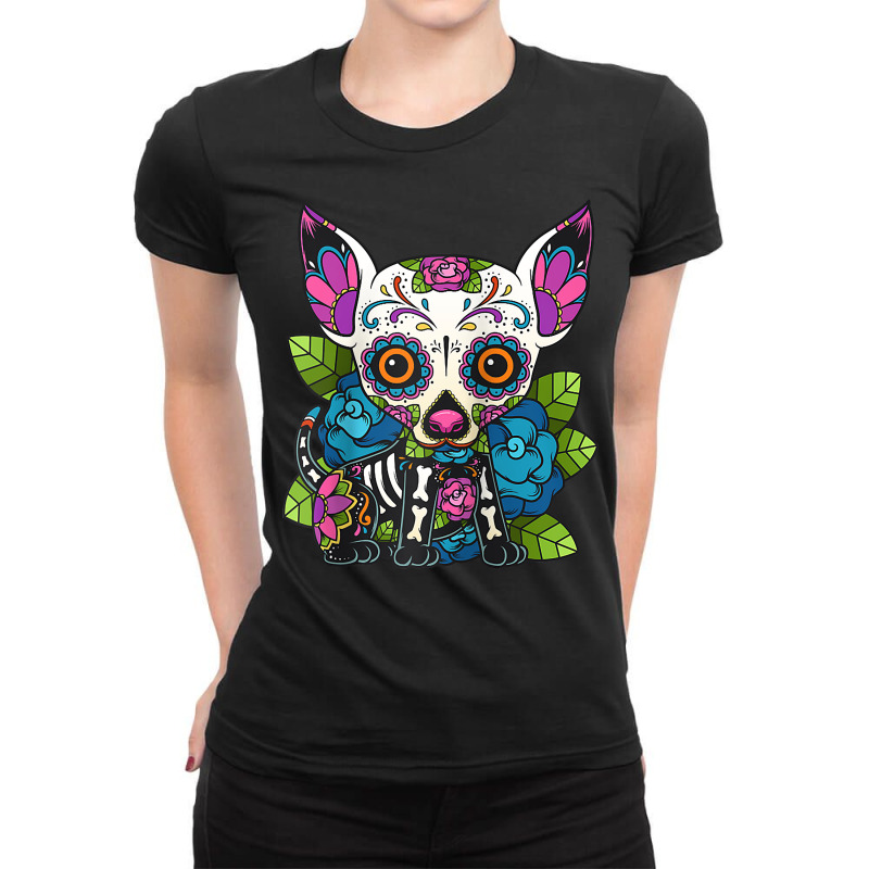 Chihuahua Sugar Skull Mexico Dog Calavera Dia De Los Muertos Raglan Ba Ladies Fitted T-Shirt by roopeedwrich76 | Artistshot