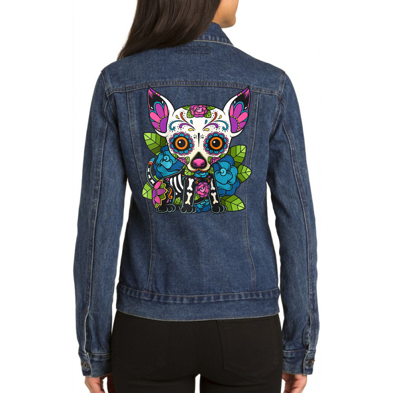 Chihuahua Sugar Skull Mexico Dog Calavera Dia De Los Muertos Raglan Ba Ladies Denim Jacket by roopeedwrich76 | Artistshot