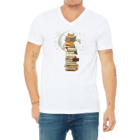 Reading By Moonlight, Books, Coffee And Cute Cat T Shirt V-neck Tee | Artistshot