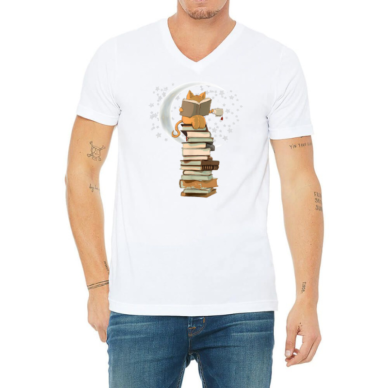 Reading By Moonlight, Books, Coffee And Cute Cat T Shirt V-neck Tee | Artistshot