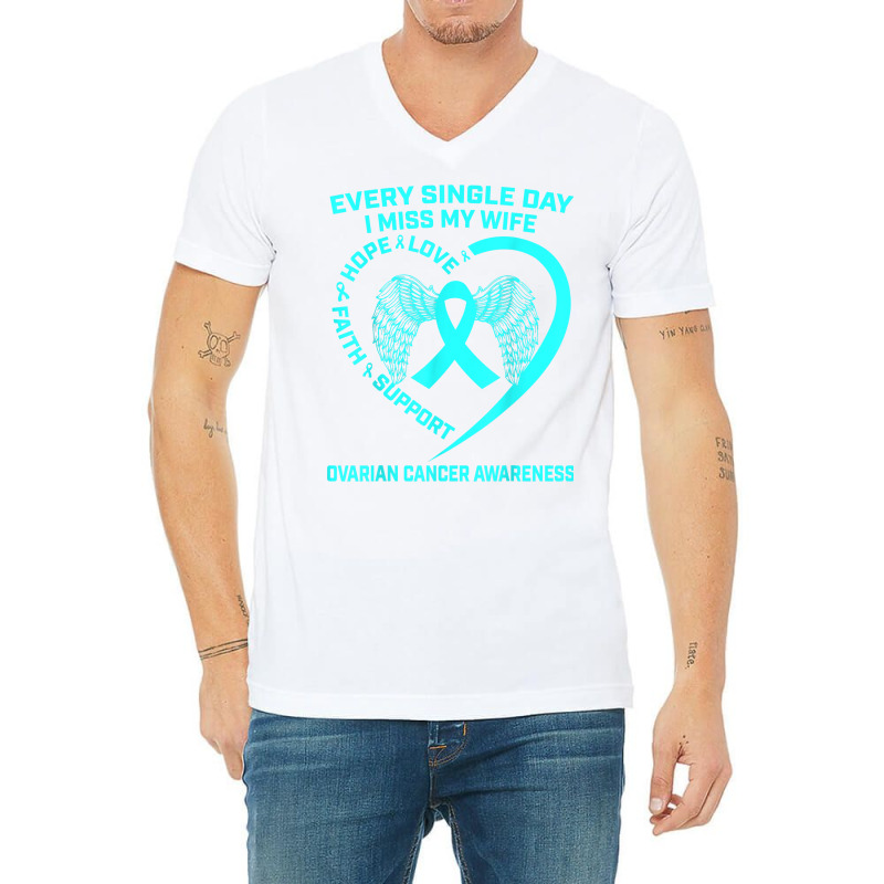 Teal Ribbon In Memory Of My Wife Ovarian Cancer Awareness T Shirt V-neck Tee | Artistshot