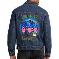 Flamingo Tropical Drink Up Witches Flamingo Witch Vibes Halloween Cost Men Denim Jacket | Artistshot