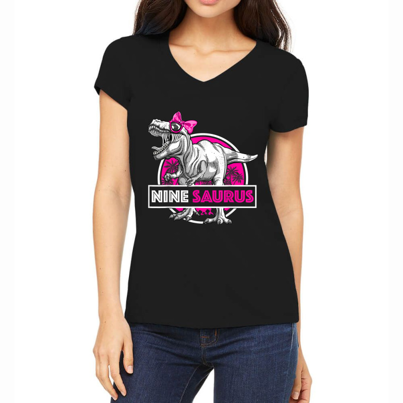 I'm Nine Saurus 9 Yrs Old T-rex For Girls 9th Birthday Gift Day Gifts Women's V-Neck T-Shirt by JazmineDesign | Artistshot